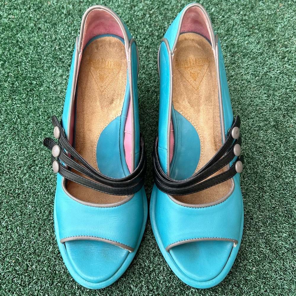 John Fluevog Vintage Miss April Peep Toe Wedge Heel Leather Turquoise Black 7 - Picture 2 of 13